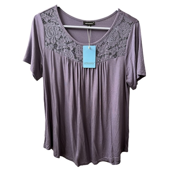 Lediosto Pleated Purple Knit Lace Top Short Sleeve Scoop Neck Size Medium - Picture 5 of 15